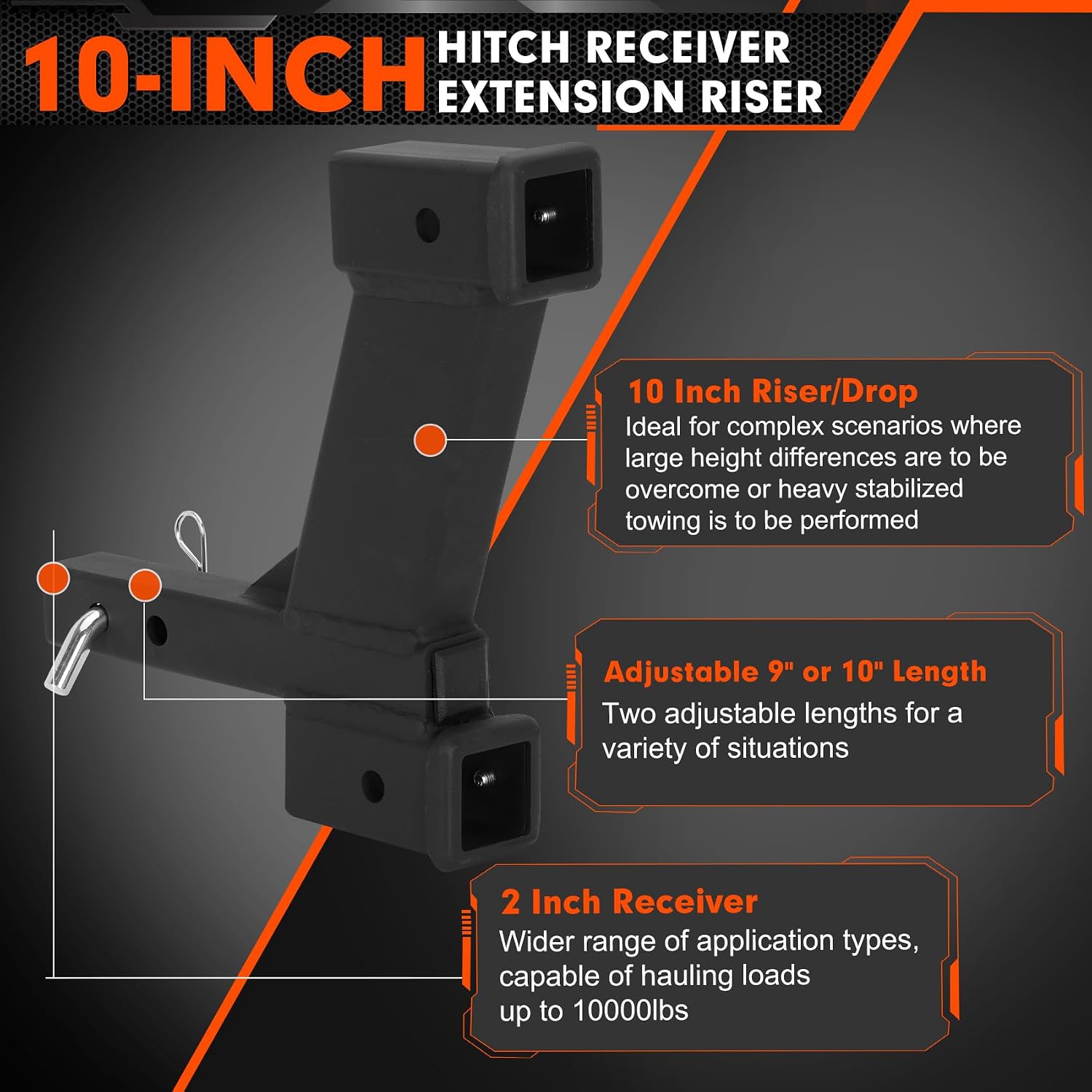 10000lbs 10-Inch Trailer Dual Hitch Extender Adapter, 2 Inch Receiver with 10 Inch Drop, Adjustable 9" or 10" Length, Trailer Hitch Dual Hitch, 3-Pack Hitch Pins and Universal Trailer Cap, Black
