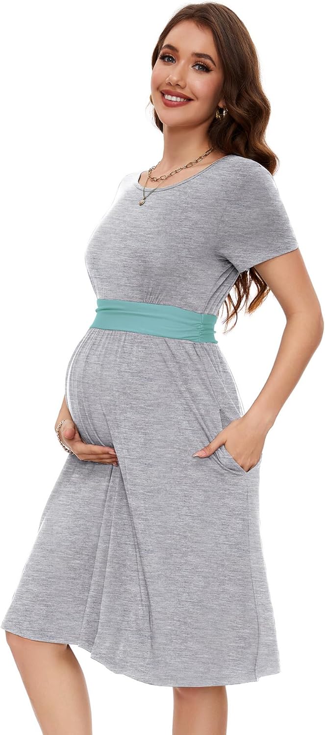Smallshow Women's Maternity Dress Patchwork Short Sleeve Pregnancy Clothes