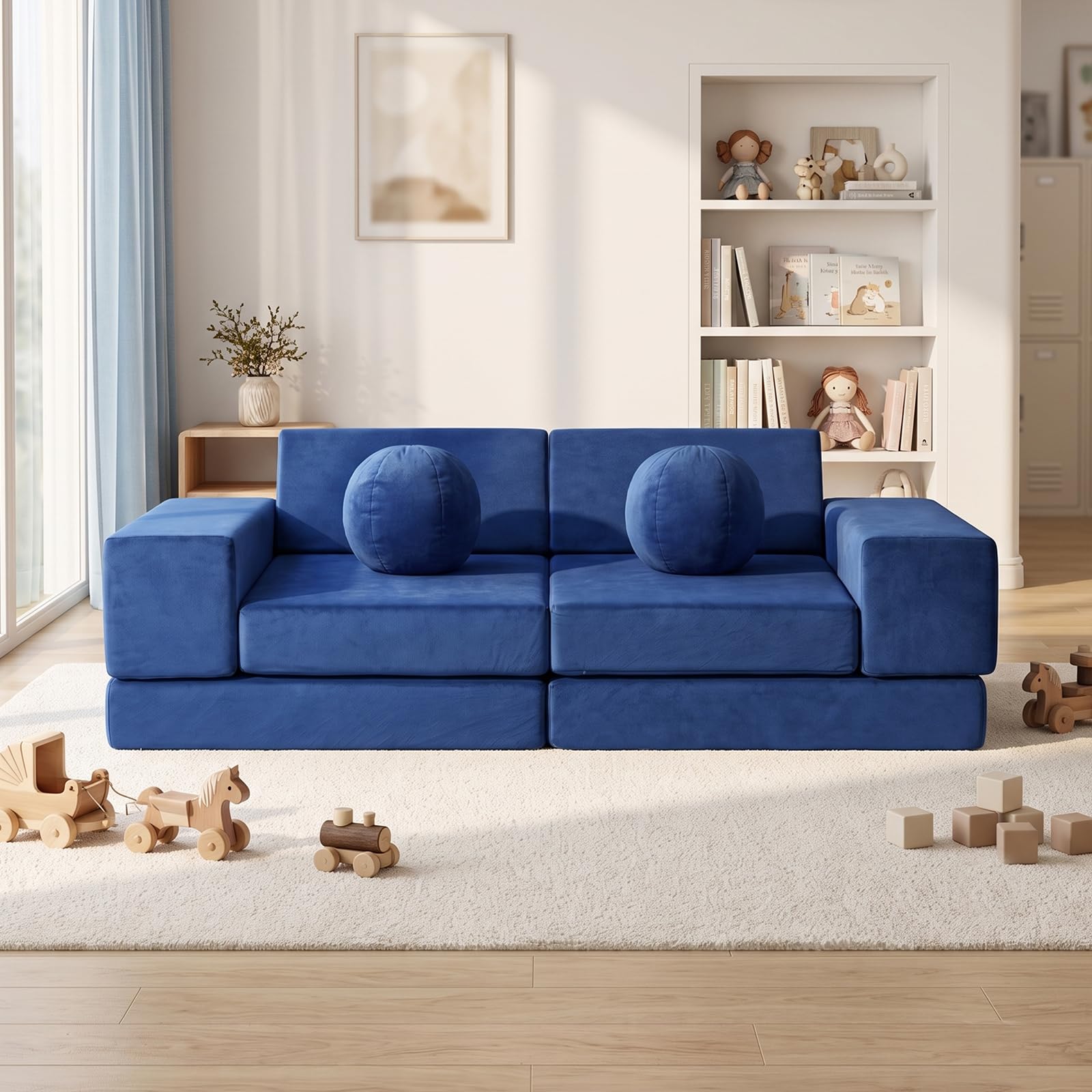 JIEXI Sofa do zabawy dla dzieci, rozkładana modułowa kanapa flanelowa dla dzieci, kanapa z okrągłymi poduszkami, do pokoju zabaw, kącika do czytania, niebieska