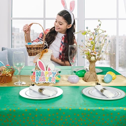 Vista 8 de WDF Paquete de 16 manteles rectangulares de plástico verde y dorado de 54 x 108 pulgadas, mantel rectangular con lunares dorados de 12 x 108 Verde