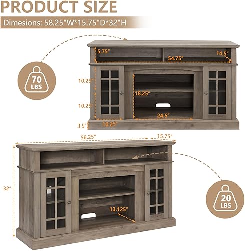 Miniatura 9 de Soporte de TV de granja para televisores de 65 pulgadas, soporte de TV de madera rústica para sala de estar con puerta de vidrio y estantes