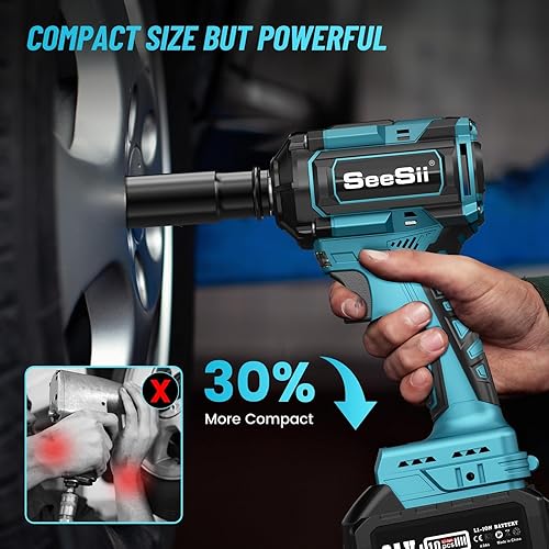 Miniatura 5 de Seesii Llave de impacto inalámbrica de 12 pulgada, 479 pies-libras (650 N.m), sin escobillas, pistola de impacto de alto par de 2800 RPM con batería