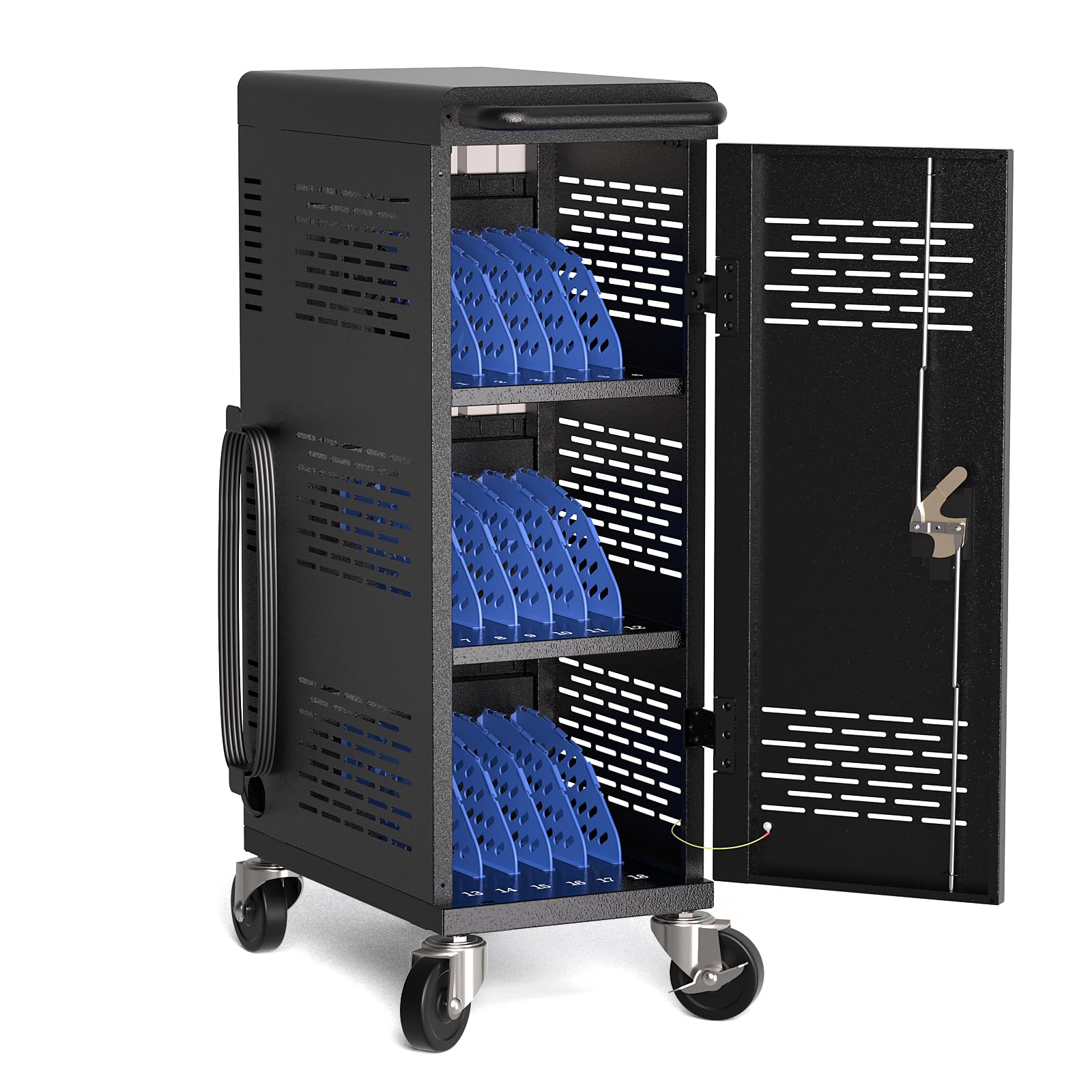Sponsored Ad - Fully Assembled 18-Device Charging Cart for Chromebook - Locking Laptop Cabinet with Cable Management, Cord Organization, Power Strip - Locks and Stores Tablets up to 14'' and 1.4'' Thick (Black)