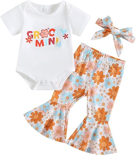 Ropa de bebé recién nacida de manga corta con letras + pantalones acampanados florales + diadema de verano