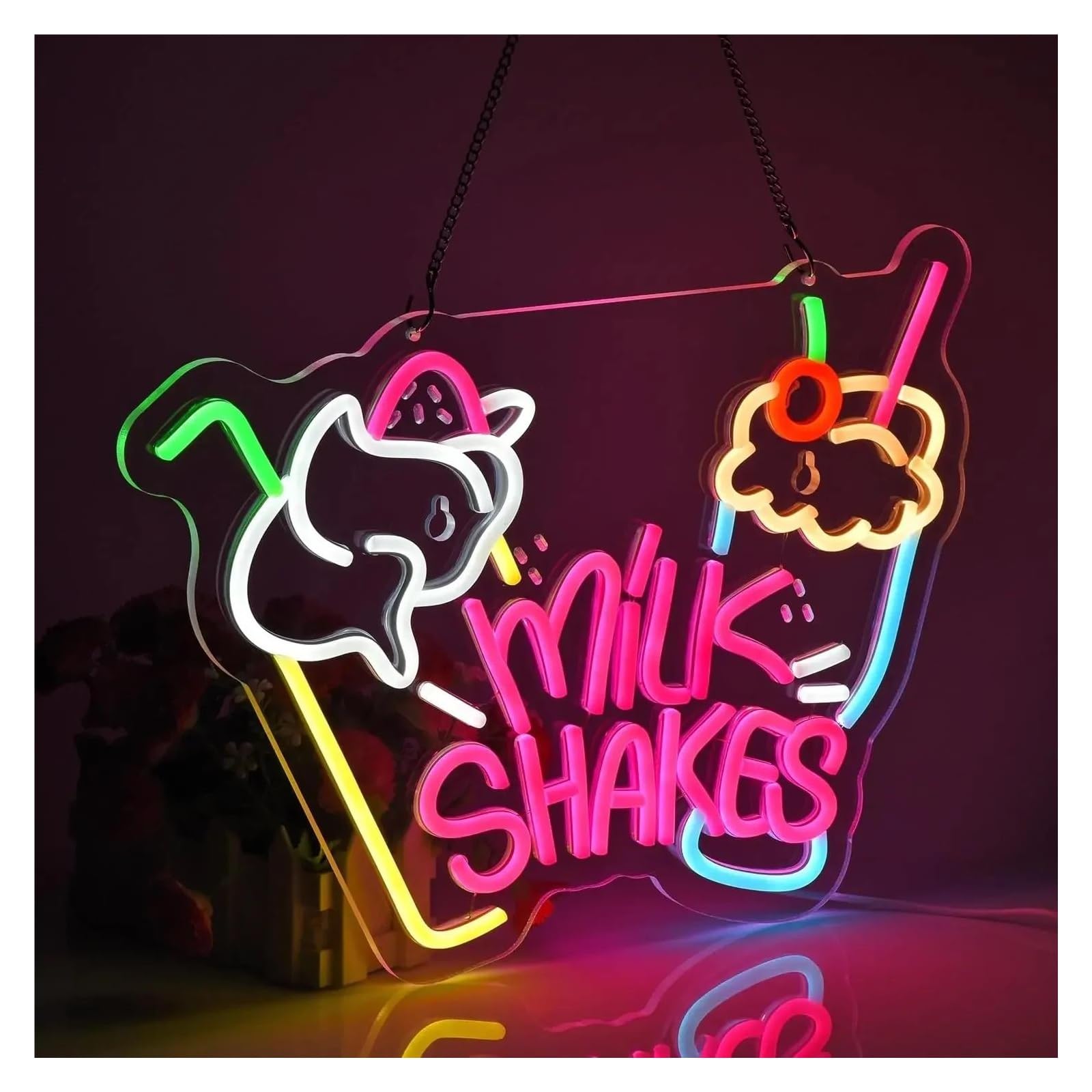 Insegna al Neon Insegna Al Neon Milk Shakes, Luci Al Neon, Decorazione Murale Per Negozio Di Cibo, Bevande, Gelateria, Yogurteria, Negozio Di Bubble Tea,38x27.8cm