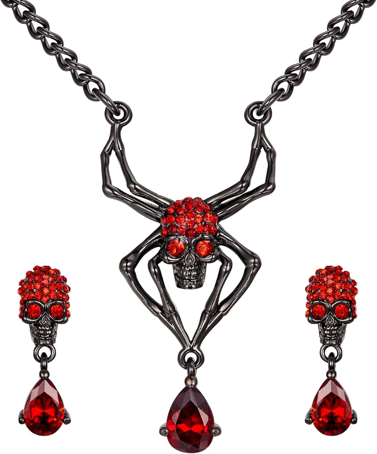 EVER FAITH Halloween Jewelry Set Vintage Gothic Spider Skull Round Crystal Pendant Necklace Drop Earrings Sets for Women