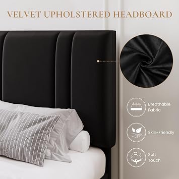 SHA CERLIN King Size Velvet Bed Frame with Adjustable Headboard, Black