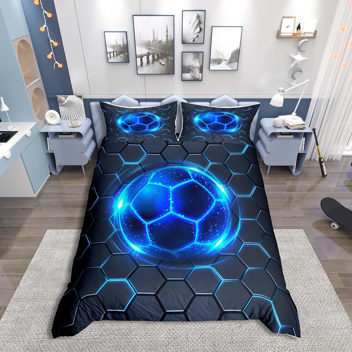 Loussiesd Blue Neon Football Duvet Cover Set Double Size For Kids Boys Teens Geometric Honeycomb Bedding Set Soccer Ball Games Comforter Cover with 2 Pillowcases Hexagonal Bed Set — image 1