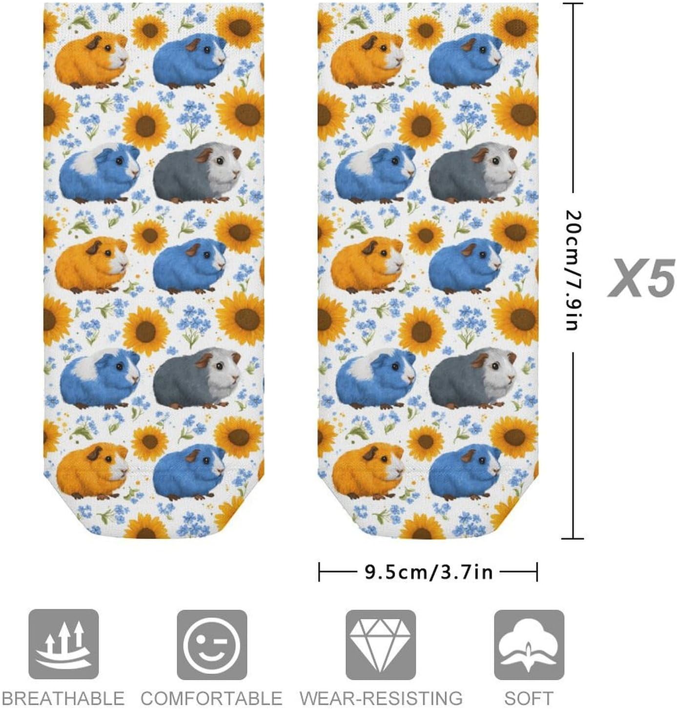 Guinea Pigs Sunflower Floral Socks for Men Women 5 Pairs Ankle Socks
