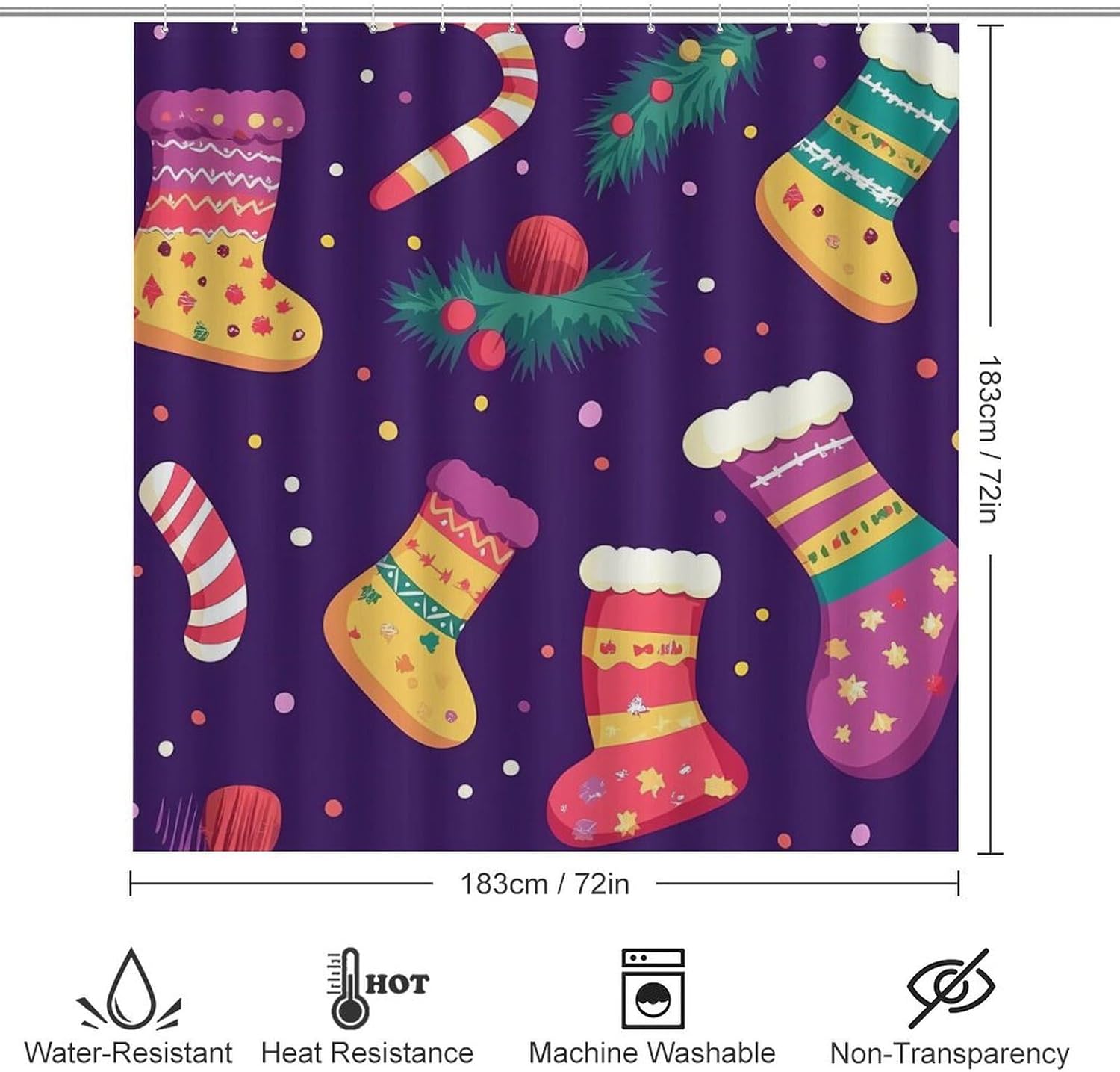 Cute Christmas Stocking Pattern Modern Bathroom Sets with Shower Curtain and Rugs Decor 4 Pcs with 12 Hooks