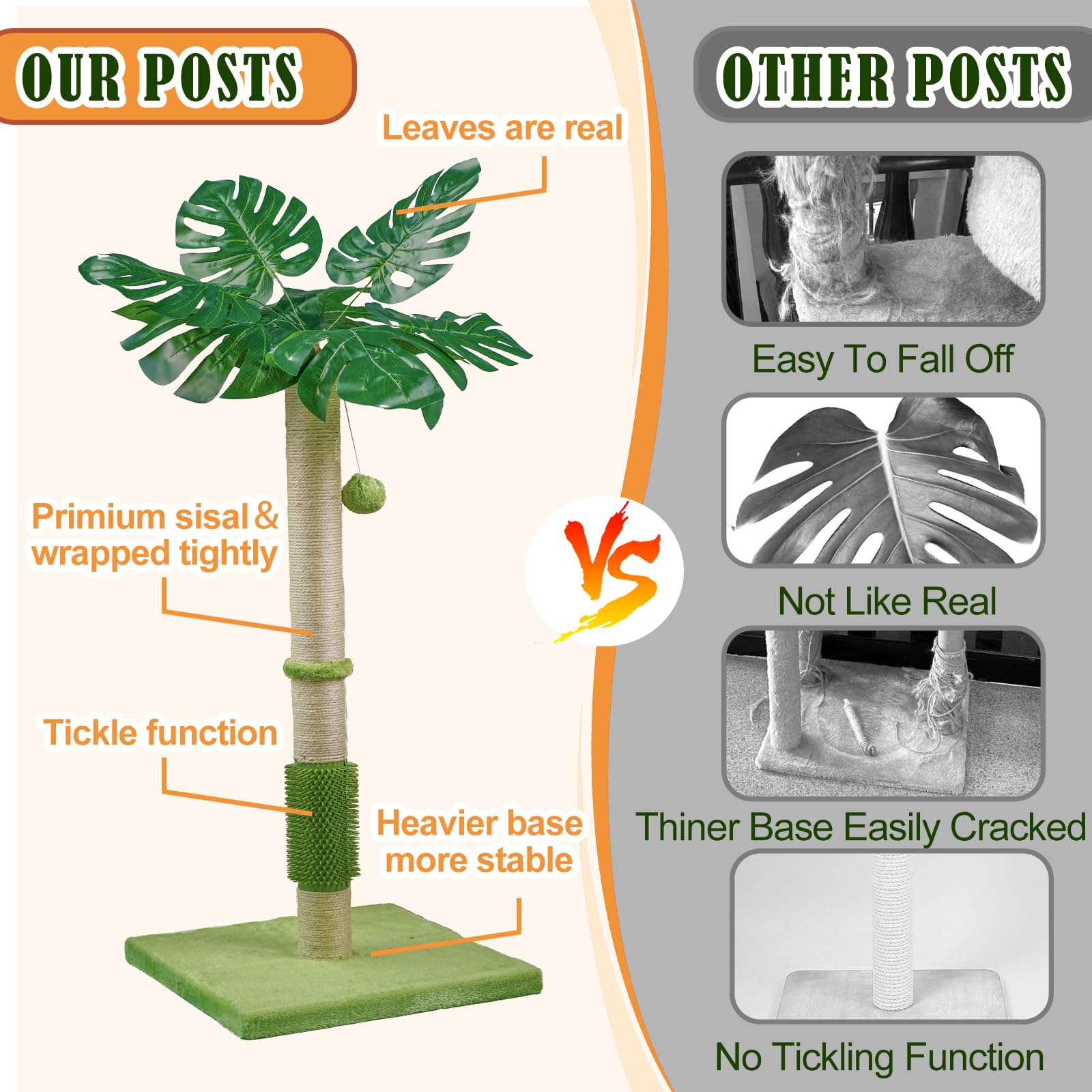 MeowHomm Kratzbaum, Katzenspielzeug Monstera Deliciosa für Indoor-Katzen mit natürlichem Sisal-Kratzstab, hängenden Sisalseilen und Bällen, niedlicher 101,6 cm hoher Katzenkratzer für große Katzen und