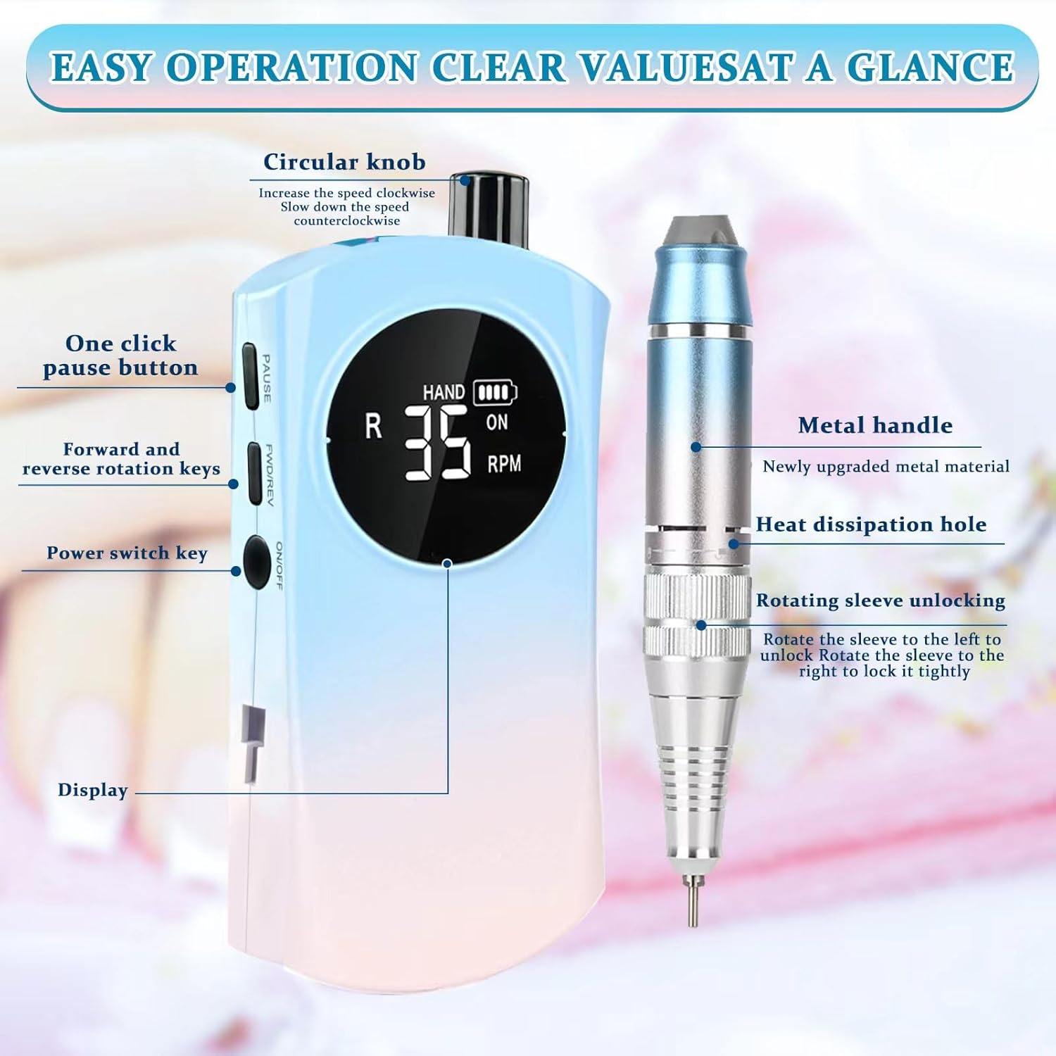 New 2024 Nail Drill Kit - Professional Electric Nail File Machine, 35000 RPM Cordless Rechargeable Nail File with Multiple Drill Bits for Acrylic Nails，Salon and Home Use (Gradient Blue)
