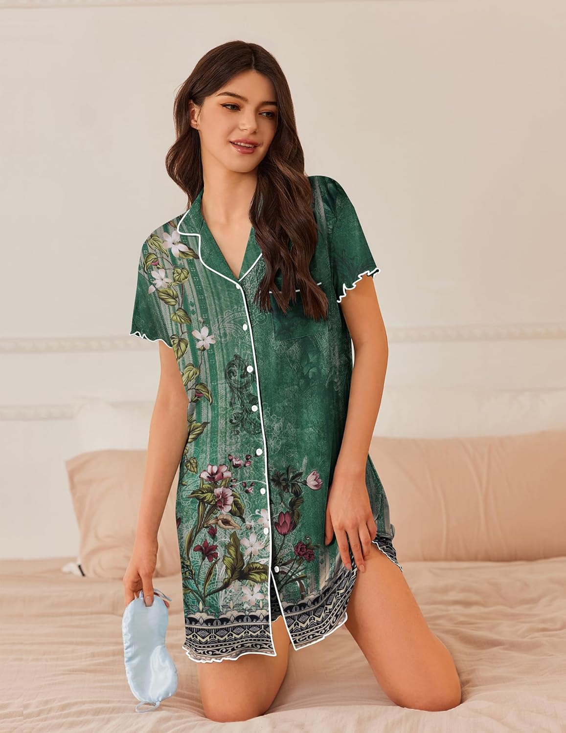 Ekouaer Nightgowns for Women Button Down Sleep Shirt Short Sleeve NightShirts Boyfriend Sleepdress Soft Pajama Dress - Image 3