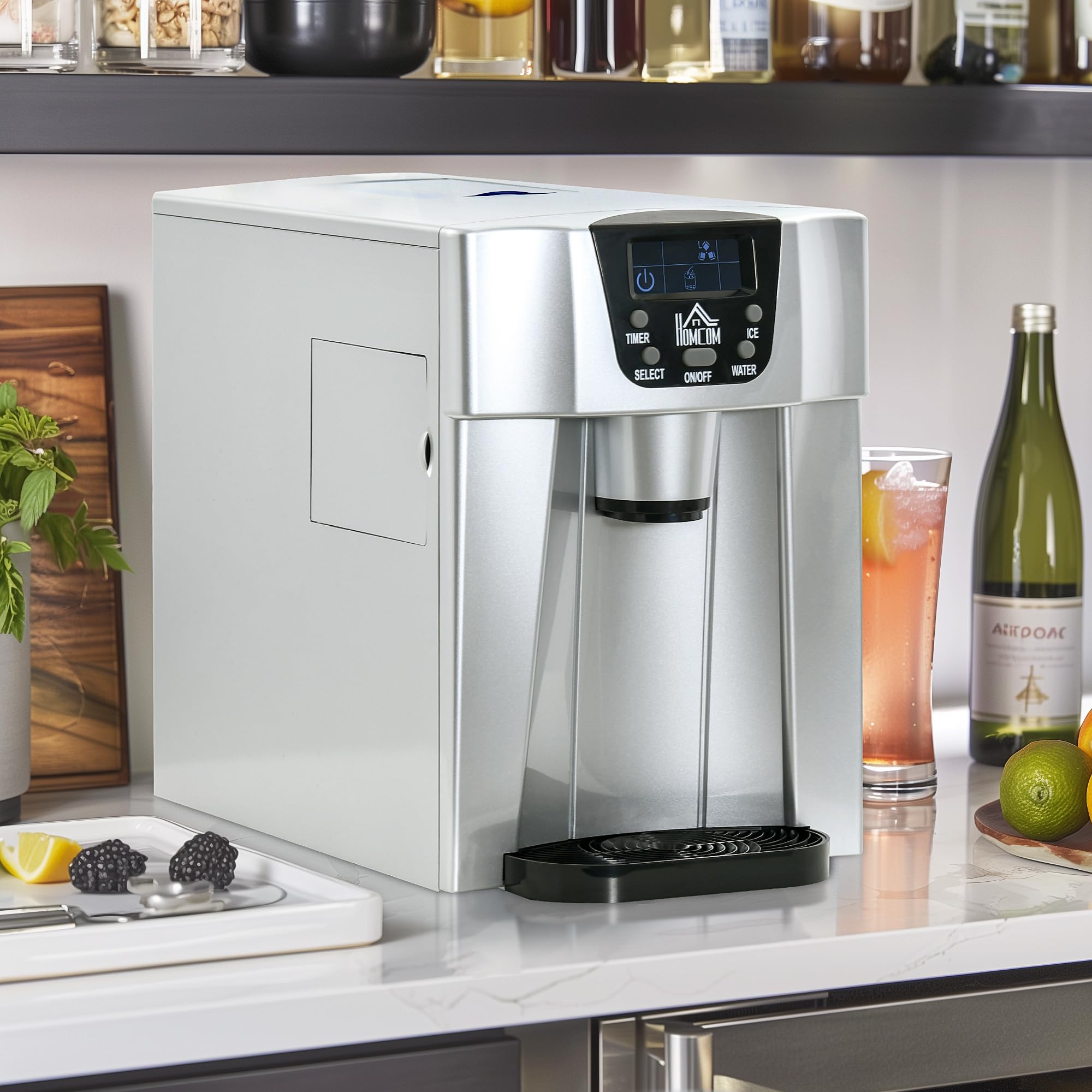 HOMCOM Macchina per cubetti di ghiaccio, 9 cubi, pronta in 6-10 minuti, 12 KG/24 H, stazione d'acqua con serbatoio d'acqua da 3 l, per cucina, ufficio, bar e feste, argento