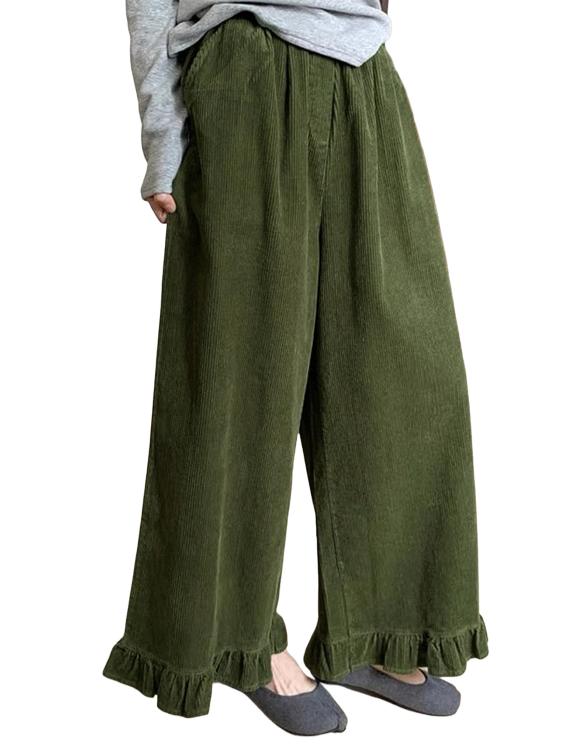 Omoone Womens Corduroy Pants Wide Leg Ruffled Hem Elastic Waist Lounge Cord Pants with Pockets