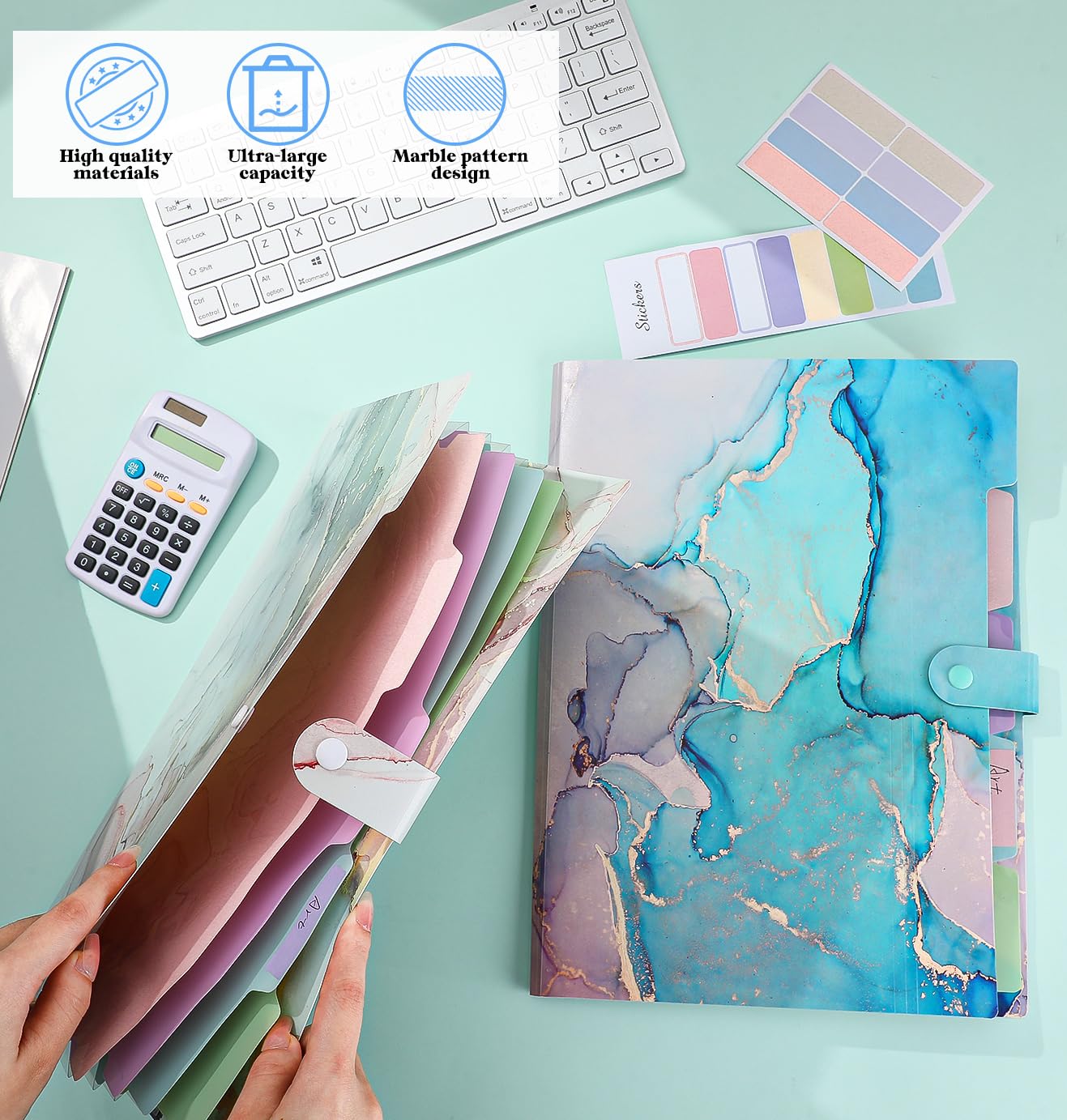 Candcamp 2 Pack Expanding File Folders A4 Plastic Document Organizer with Snap Button and 6 Sheets Sticky Labels Folder Organiser for School Home Office(Green & Light Blue Marble Pattern) - Image 4