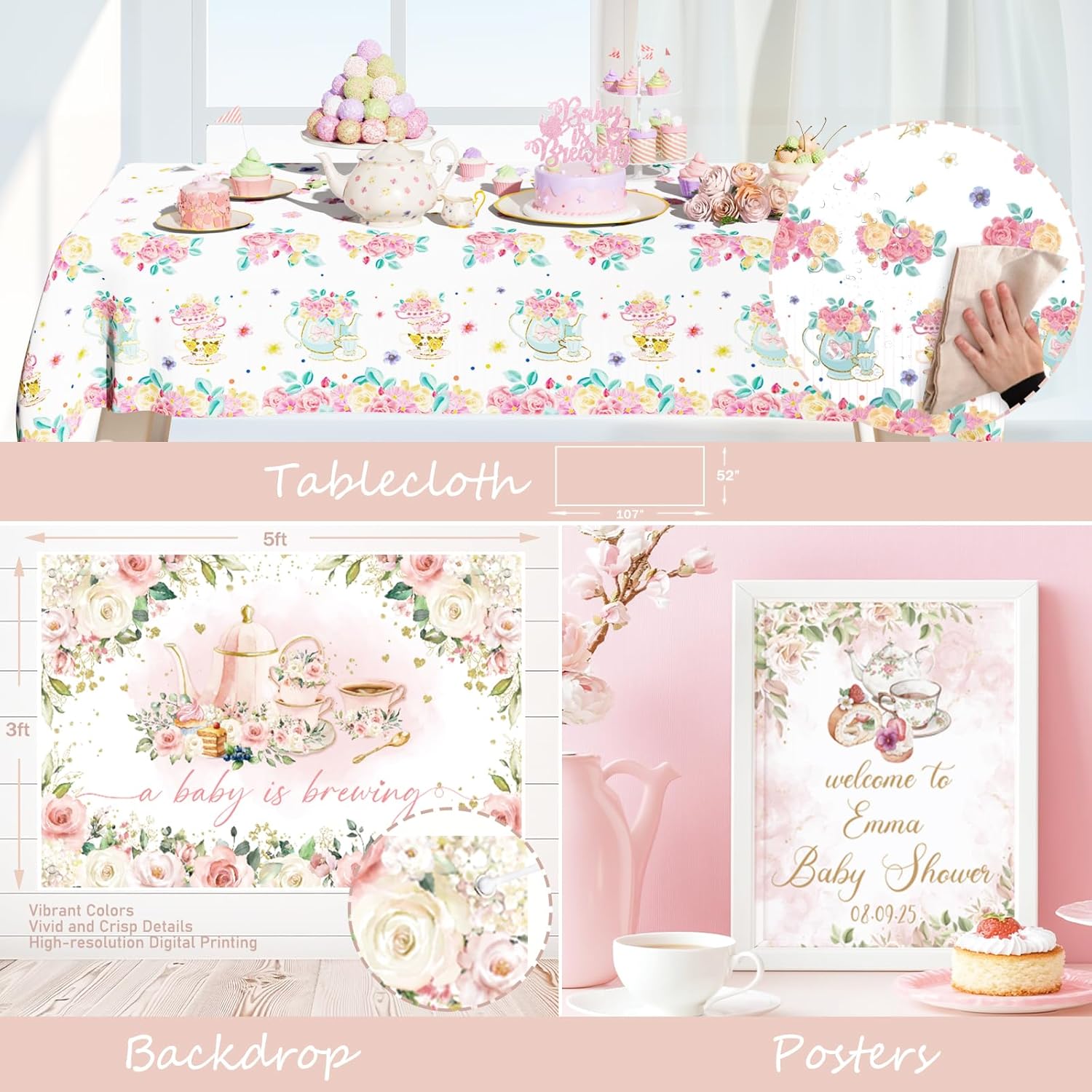 Tea Party Baby Shower Decorations, 139 PCs - A Baby Is Brewing Party Supplies with Teapot Backdrop, Pink Balloons Garland, Floral Garden Tablecloth, Cake Topper Mommy to Be Sash