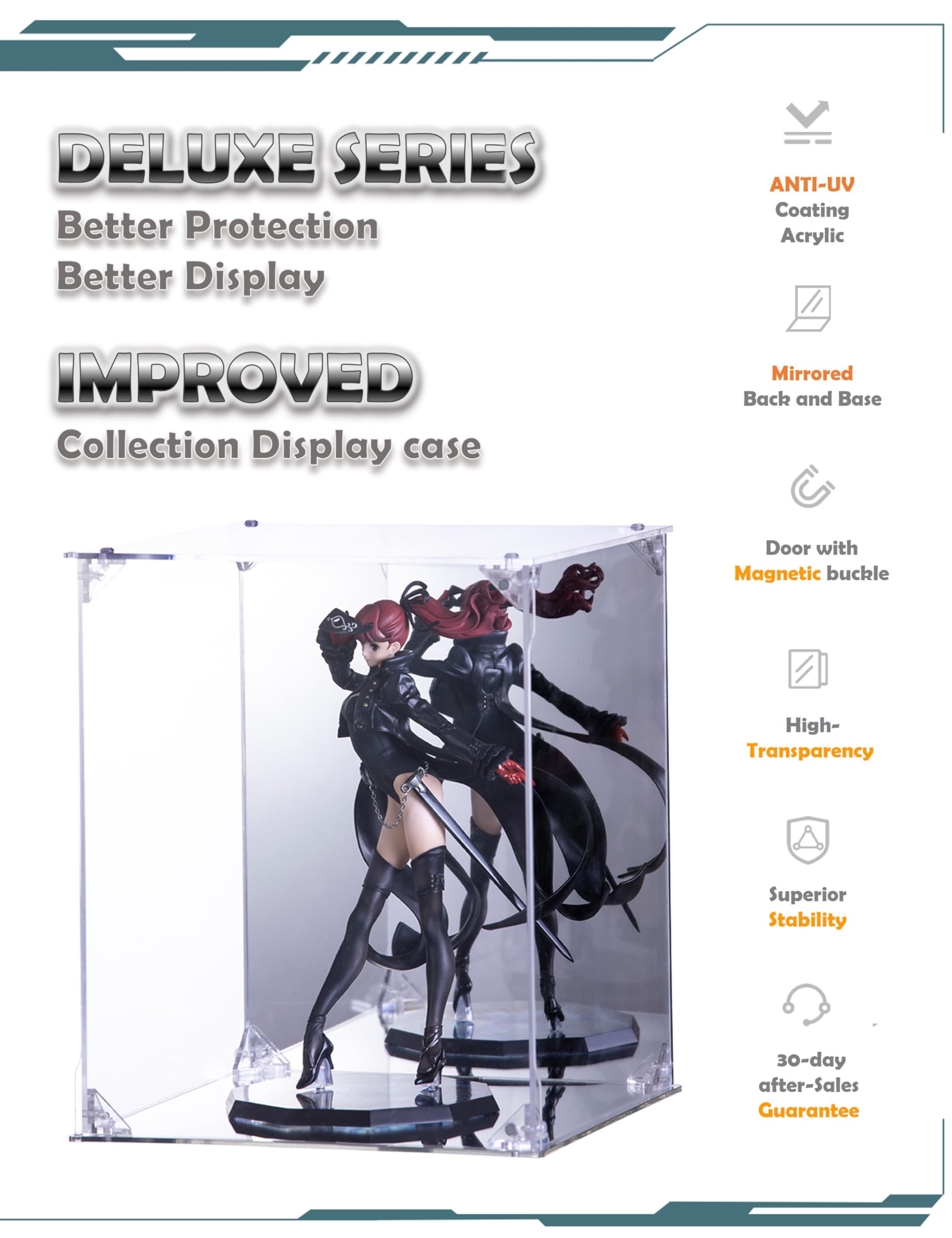 COOLTAKU Acrylic Display Case, Mirrored Back and Base, UV Protected, Front Door with Magnetic Buckle, Display Box, Dustproof Showcase for Figures, Collections, Models toys (10x10x14 inch, 25x25x35 cm)