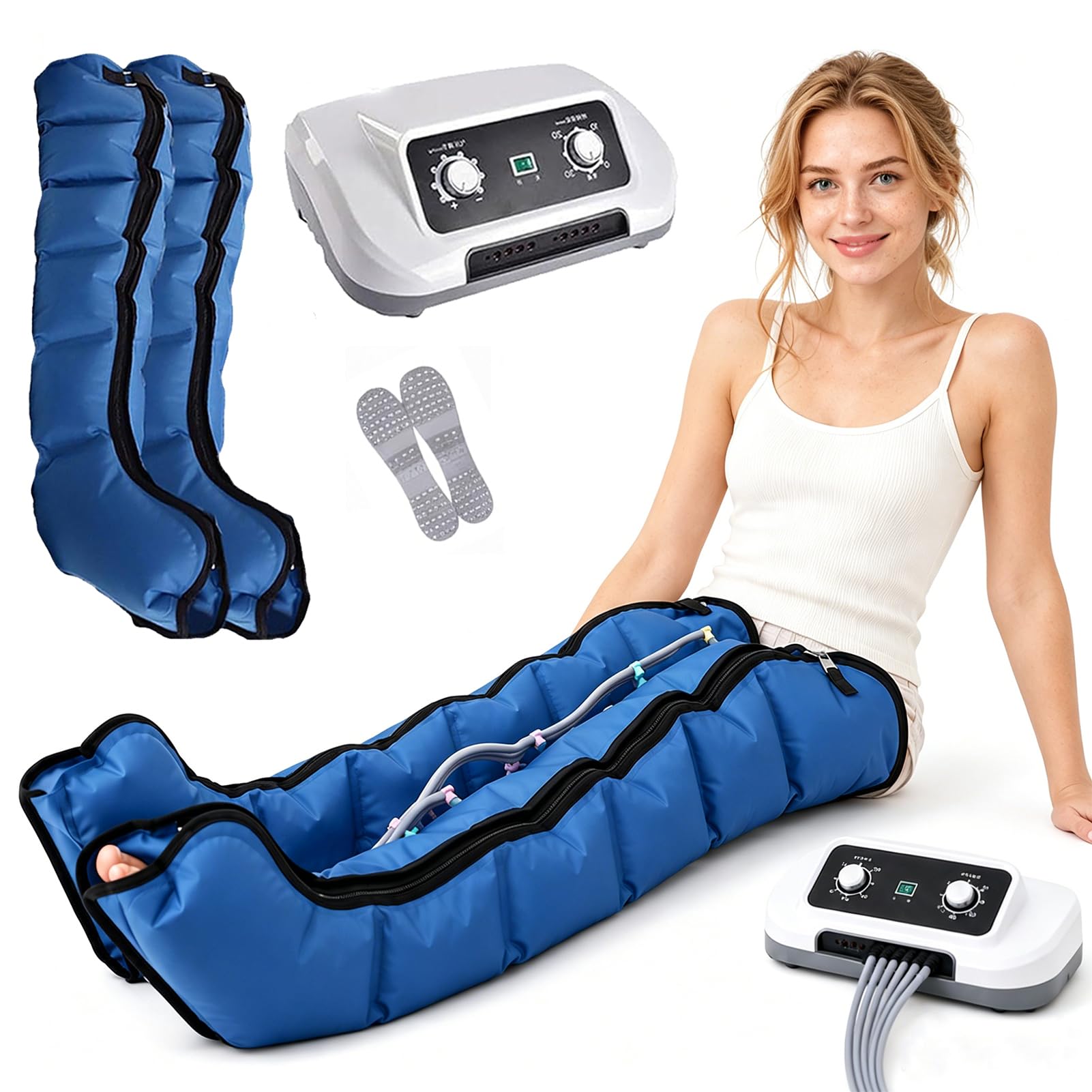 SXSLTSA Pressotherapy and Lymphatic Drainage, 6-Cavity Pressotherapy Boots, Electric Air Compression Massager Machine, Lymphoedema Treatment for Legs, Lymphedema Pump (Blue, 2legs)