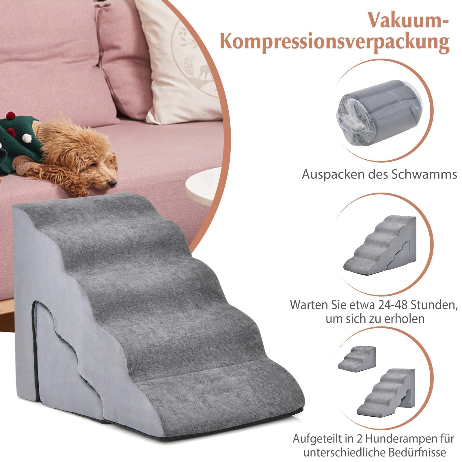 COSTWAY Hundetreppe 5+3 Stufen, rutschfeste Hundestufe Schaumstoff, 30+20 kg belastbar, Haustiertreppe für Hunde Katzen, Katzentreppe Abnehmbar, Hunde Treppe für Sofa Bett, Waschbarer Bezug (Grau)