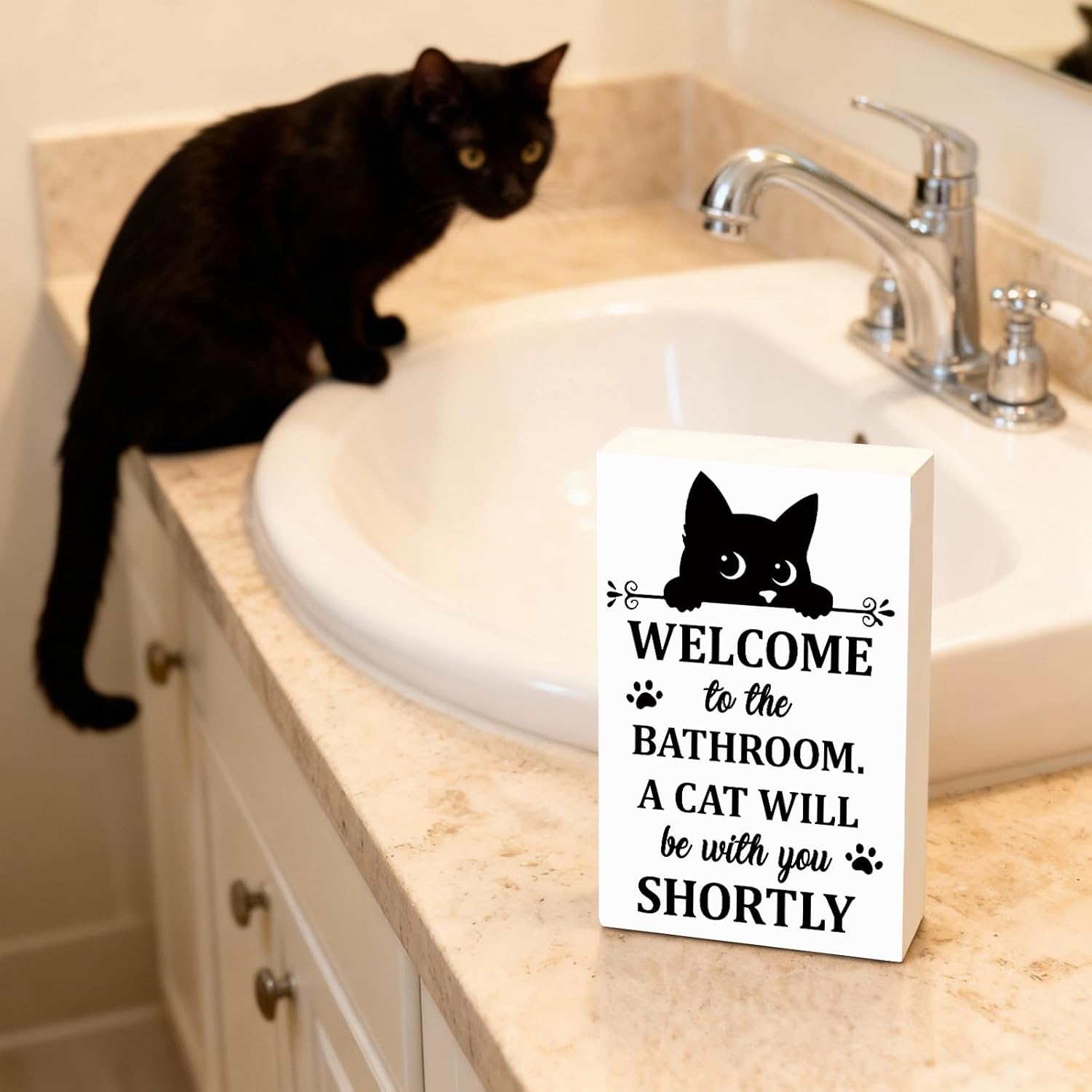 Vintage Black Cat Bathroom Signs Decor Funny Wooden Cat Art Desk Decor Retro Bathroom Art Welcome To The Bathroom Sign For Restroom - Image 3