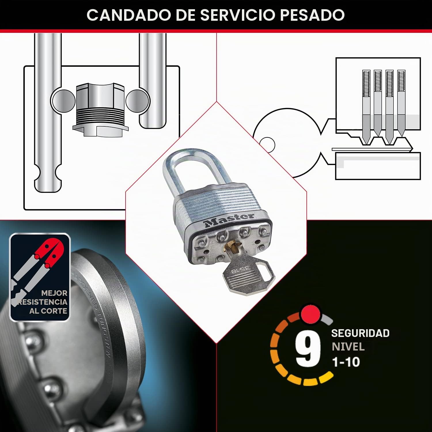 Master Lock M5EURTRILF Candado Seguridad Llaves Acero Laminado Exterior, Arco Medium, Adecuado para Portales, Garages, Sótanos, 50 mm, Set de 3 Piezas