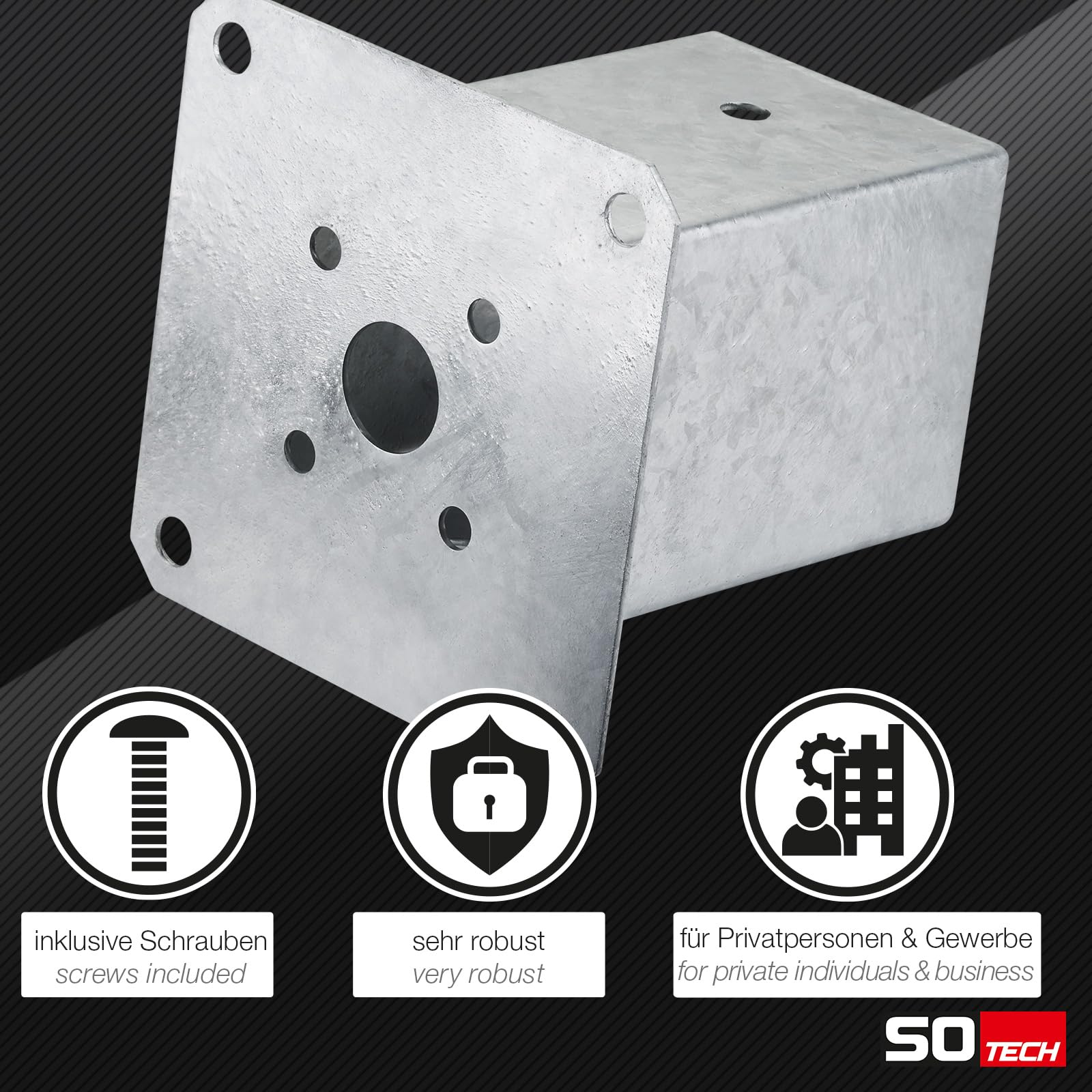 SOTECH SET de 2 ancres à visser carrées 90 x 90 mm, 152 mm de hauteur, acier galvanisé à chaud, douille pour bois carré - optimal pour l'extérieur