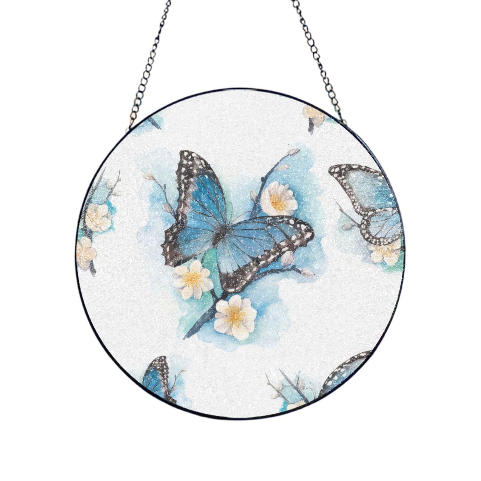 Phayah Blue Butterfly On Blossom Flo Print Glass Window Hanging Sun Catchers Suncatcher Decor For Birthday For Home Garden Porch 6in（15cm）