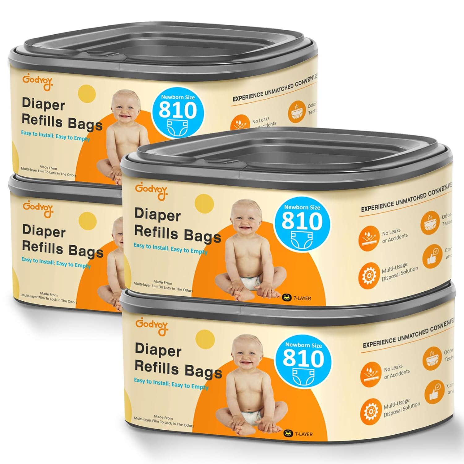 Jumbo Square Diaper Bags Refill Compatible with Diaper Genie Classic/Compact/Select Pails, Holds up to 810 Newborn-Sized Diapers, Odor Control & Durable Disposal Refill, Plant Scented, Pack of 4