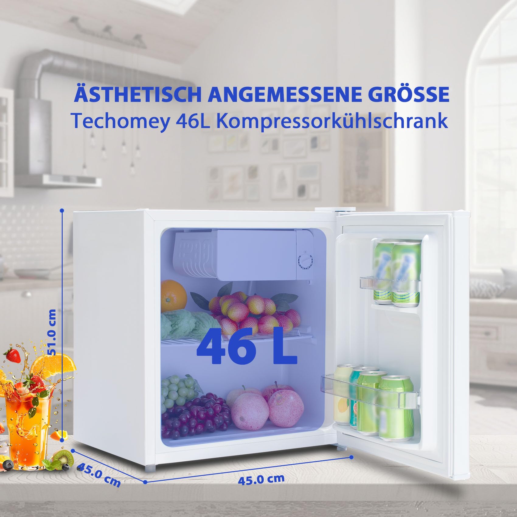 46L Kühlschrank, Mini Kühlschrank, Leise Kühlschrank Klein ohne gefrierfach 220-240V, Minikühlschrank mit Umkehrbare Tür, Minibar für Zimmer, Hotel,Büro,Küche,Wohnungen,39dB,Weiß