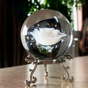 60mm 3D Inner Engraved Rose Flower Crystal Ball Paperweight Gift For Women | With Sliver Stand,Glass Full Sphere,Rose Figurines Collectible,Fengshui Decorative Ball Home Room Shelf Decor