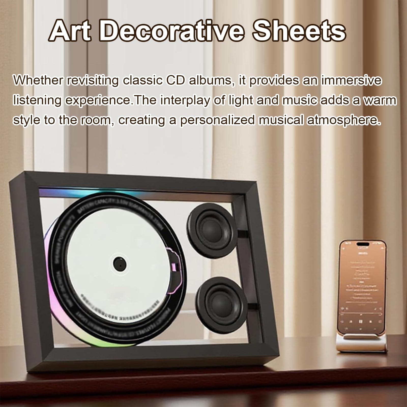 Reproductor de CD Bluetooth con control remoto, luz ambiental y marco de fotos decorativo de música, compatible con tarjeta TF/radio FM, 3 opciones de colocación para el hogar y la oficina