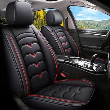Car Seat Covers Fit for Chevrolet Malibu 2000-2024,Pu Leather Car Seat Protector Cushion,Waterproof Front Rear Full Set Auto Seat Covers,Black with Red Line