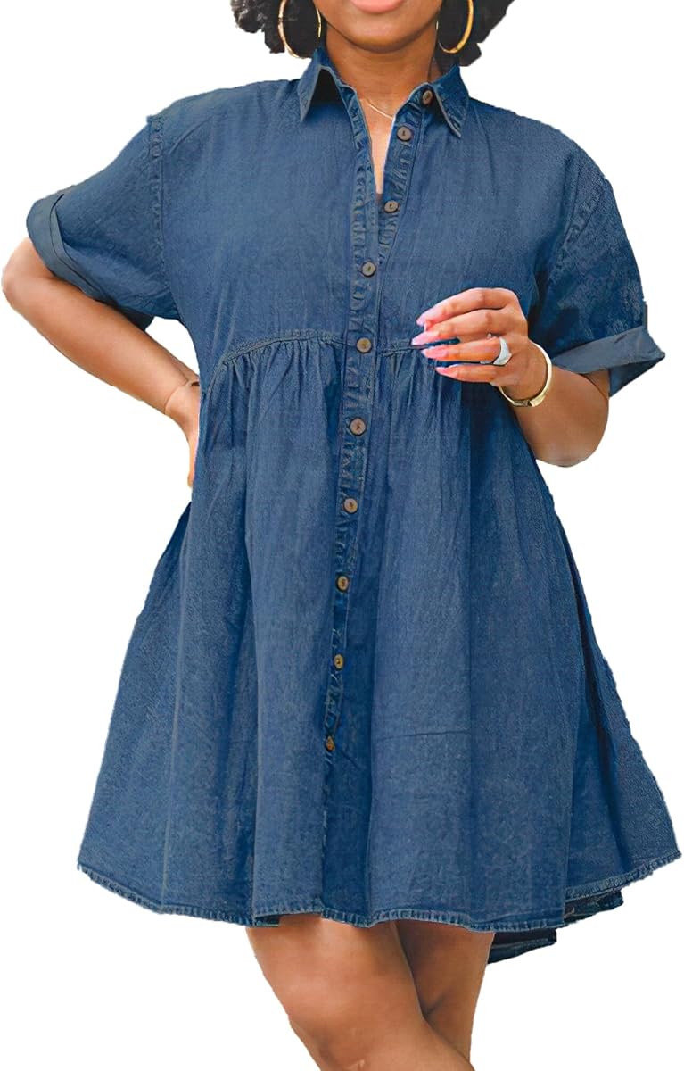 Womens Denim Dresses Summer Outfits Babydoll Tiered Jean Dress | Button Up, Ruffle, Side Pockets, Short Sleeve, Mini, Shirt Dress, Western, Concert, Date, Festival, Spring, XS-4XL available