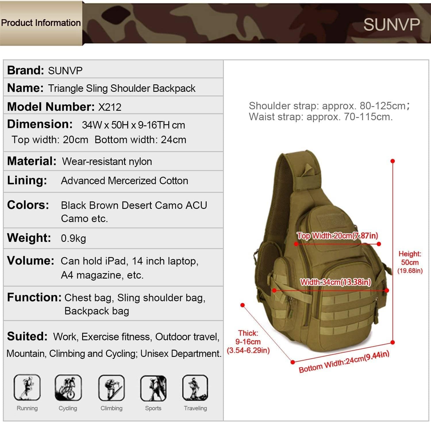 HUNTVP Tactical Sling Backpack Military Daypack Molle Chest Shoulder Bag (Brown)
