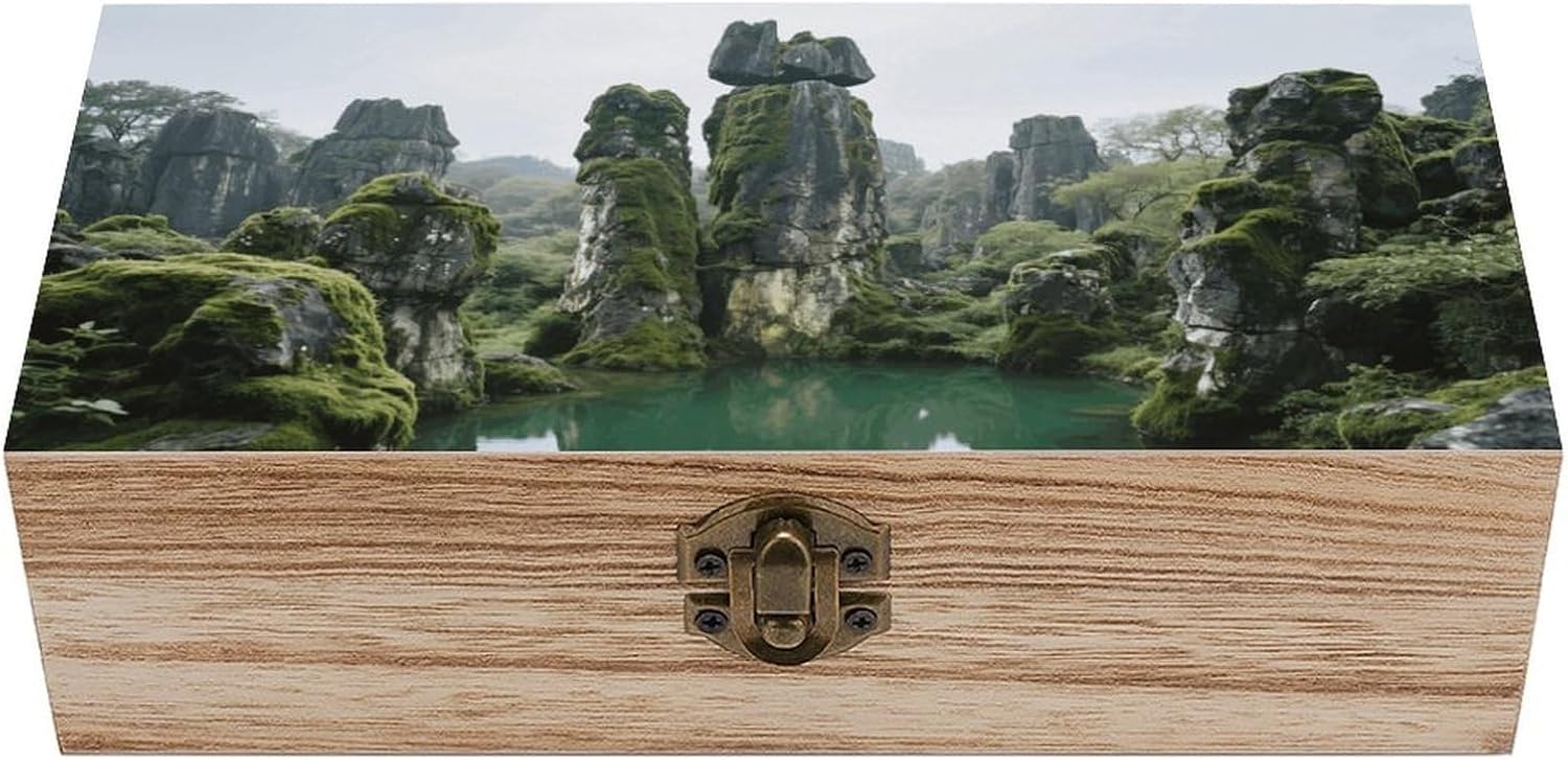 Wood Keepsake Box with Hinged Lid Handmade Wooden Wedding Memory Treasure Boxes Organizer Decorative Stone Forest Storage Box for Jewelry Coins Cards Photos Letters Crafts Storage