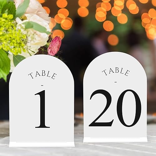 Miniatura 13 de JOYIT Números de mesa de boda de arco del 1 al 30 con soportes: letreros acrílicos impresos de doble cara de 5 x 7 pulgadas con fondo negro y texto