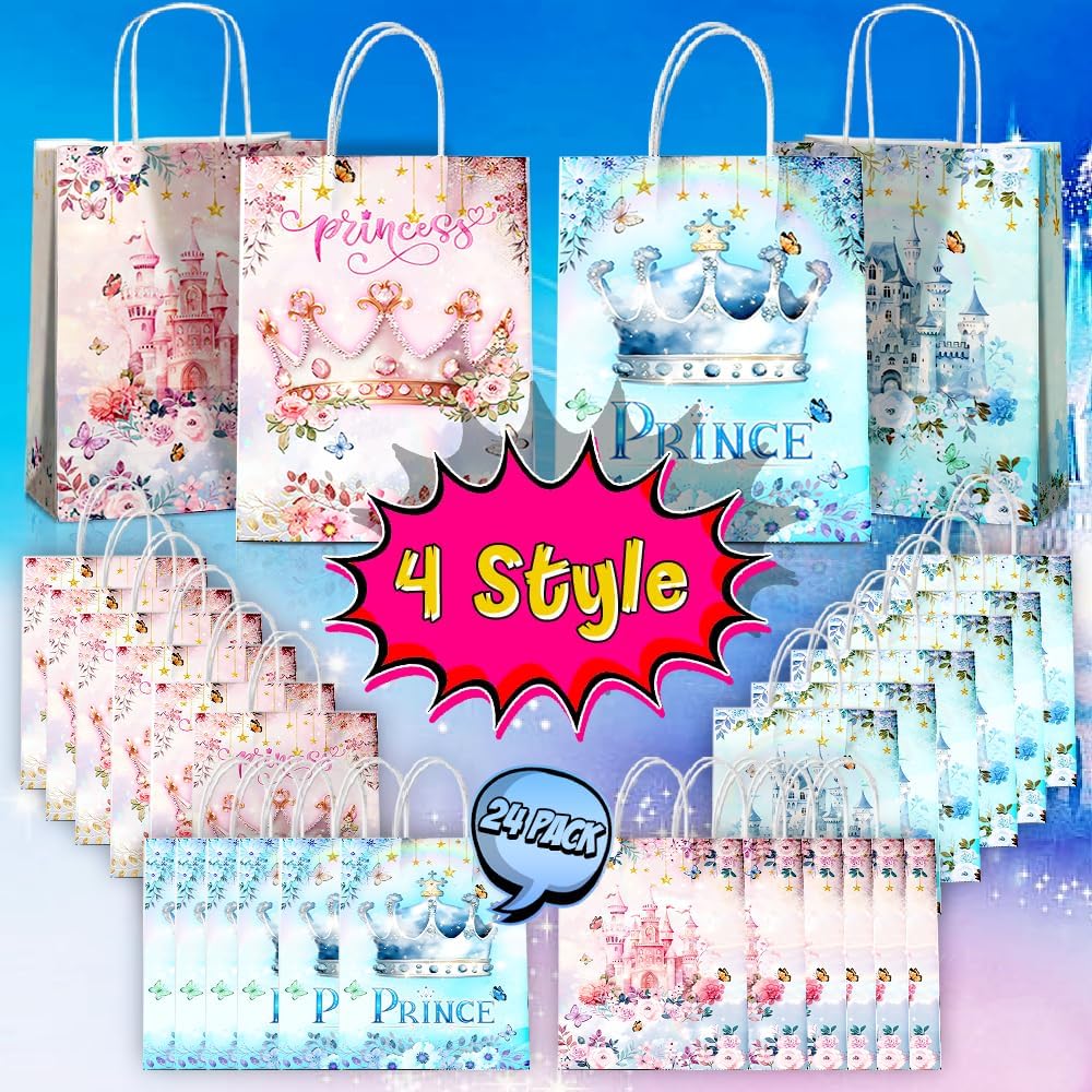 24 Pcs Princess Prince Party Favor Bags with Handles - Prince Princess Castle Goodie Gift Candy Treat Paper Bags for Birthday Gender Reveal Baby Shower Party - Image 2