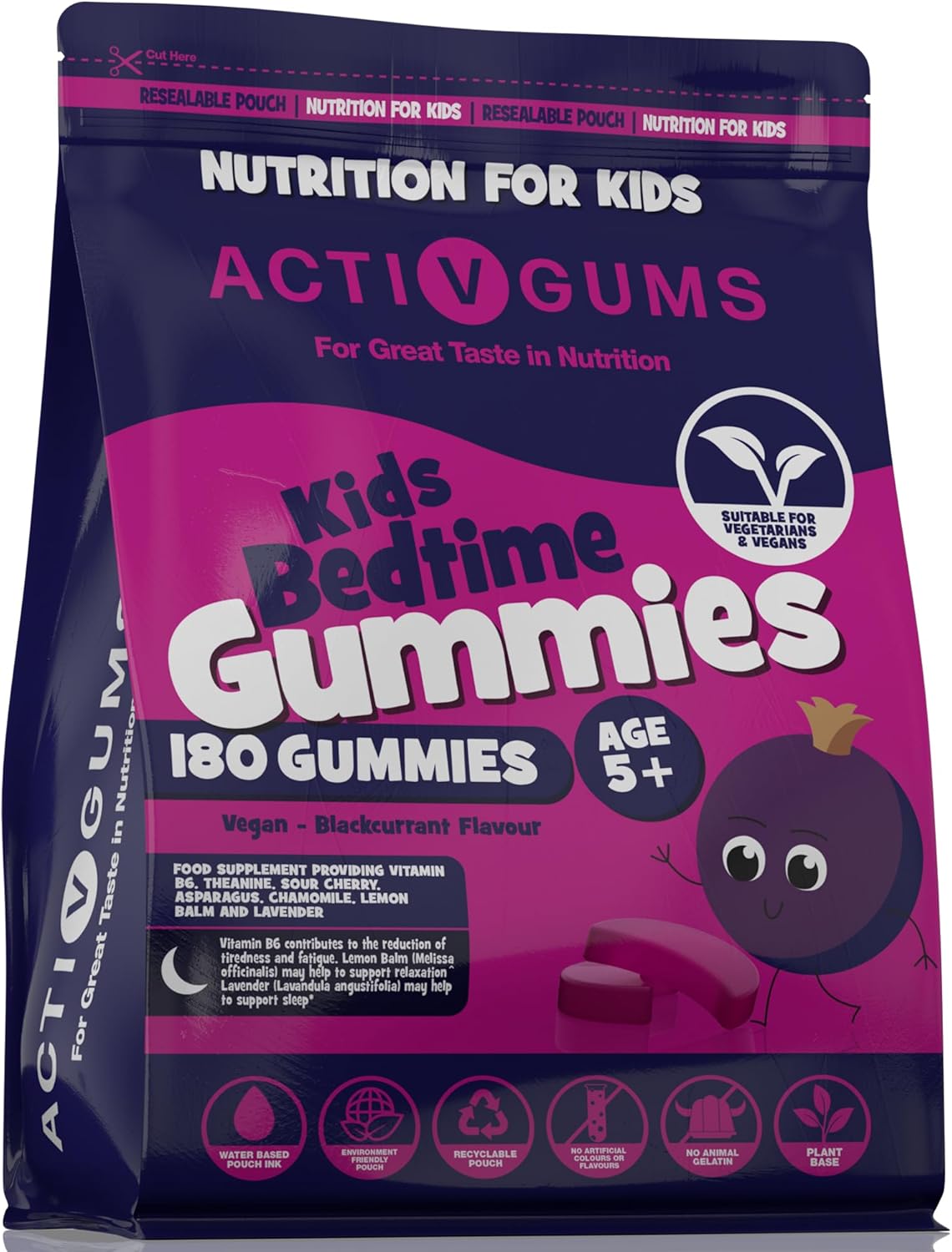 Kid’s Bedtime 180 Vegan Gummies | Blackcurrant Flavour | Melatonin & 5HTP Free Contains Vitamin B6, Montmorency Cherry, Chamomile | Resealable & Recyclable Pouch | Suitable for Ages 5+ by ActivGums®