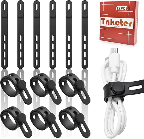 Miniatura 1 de Paquete de 12 bridas de silicona para cables, reutilizables, lavables, organizador de cables de datos de alambre, bridas eléctricas con hebilla de