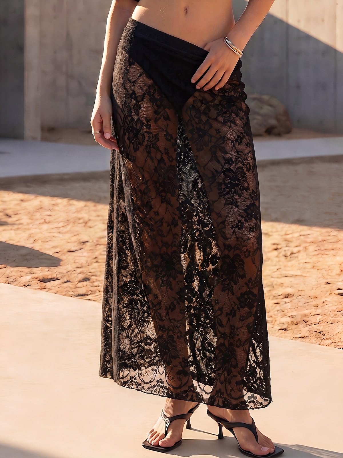 Gonna Donna Lunga in Pizzo a Vita Alta Pizzo Elegante Trasparente Ricami Floreali Cintura Elastica Gonna Lunga Casual Spiaggia Vacanze Estive Senza Fodera