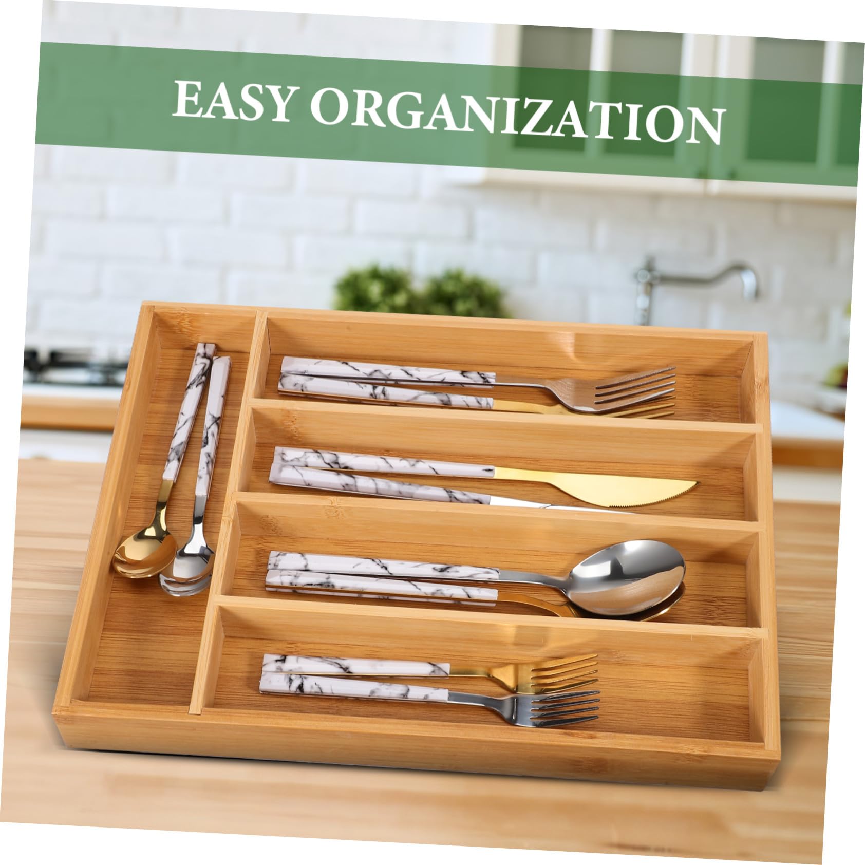 Organizador 5 Cajón de Bambú de Cocina para Cubiertos Marrón Ranuras | Bandeja de Almacenaje, Ranuras Multifunción, Acabado Elegante y Resistente al Desgaste, para Cocina