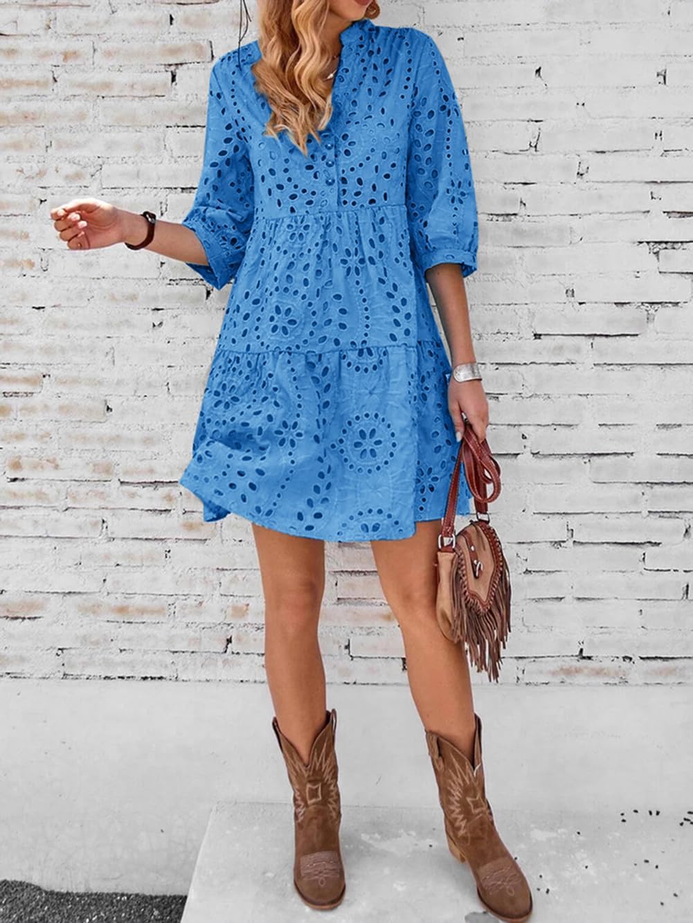 utcoco Women's 2025 Eyelet Lace Midi Dress V Neck Puff 3/4 Sleeve Button Tiered Sexy A Line Sun Dress - Image 5