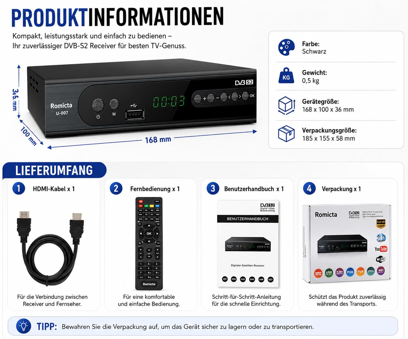 Romicta HD Satelliten Receiver DVB-S/S2 PVR EPG SCART USB Mediaplayer HDTV YouTube Schwarz