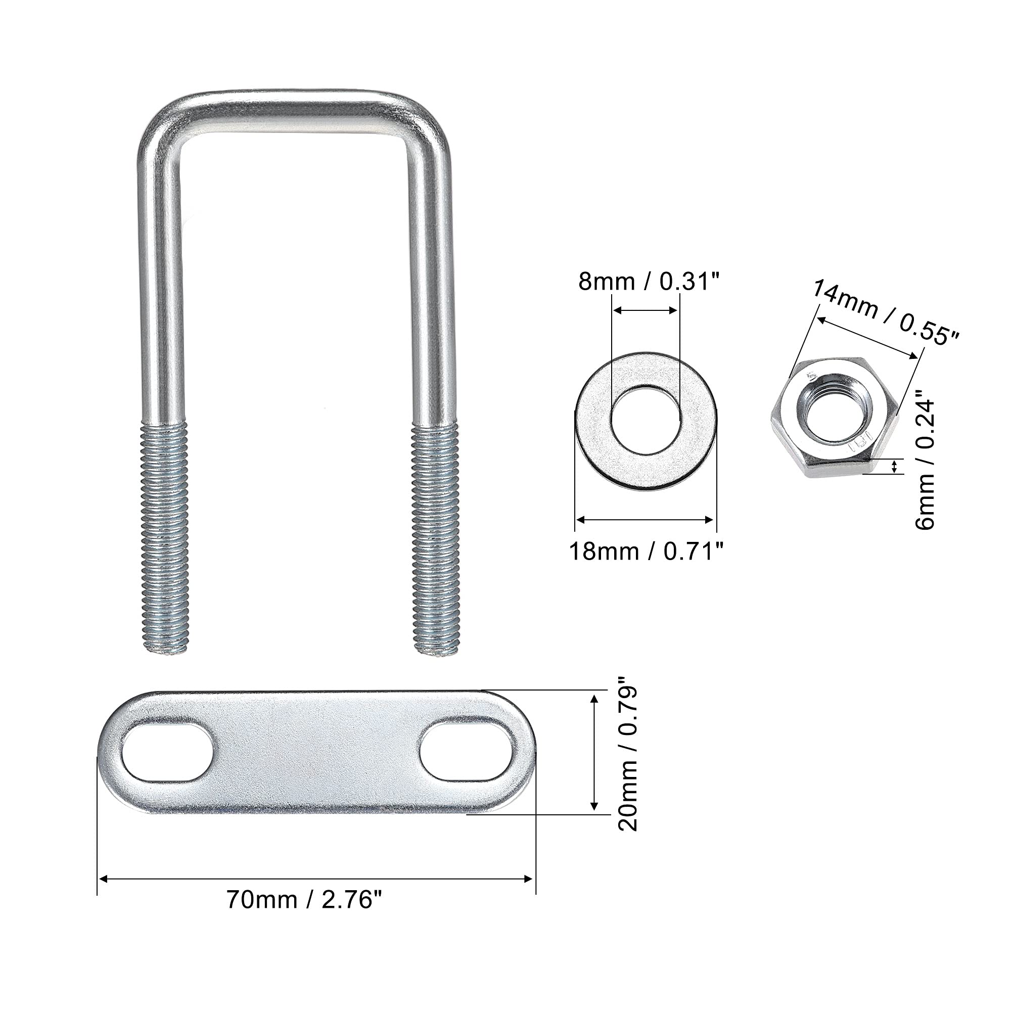 sourcing map Cuadrados U Pernos 1-5/8" (40 mm) Interior Ancho 120mm Longitud Carbono Acero M8 con Tuercas, Marco Placa, Redondas Arandelas 4 Conjuntos