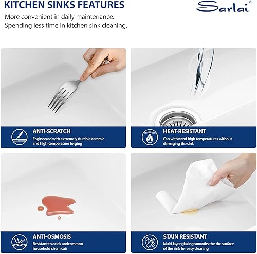 Miniatura 6 de Sarlai - Fregadero de cocina blanco de 33 pulgadas con cuenco doble, delantal frontal de cocina de 33 pulgadas, cuenco doble 5050 de porcelana