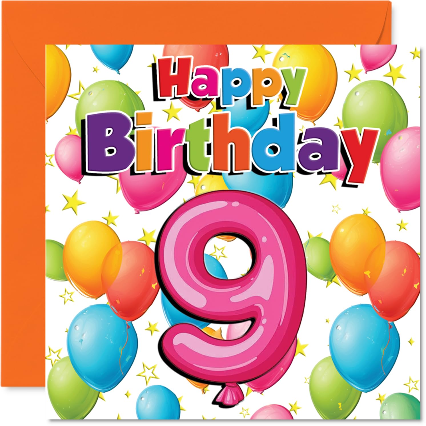 Playful 9th Birthday Card - Bursting with Birthday Cheer - Colourful Balloons and Stars in a Vibrant Party Design - A Fun Way to Mark Turning 9-145mm Square, Envelope Included