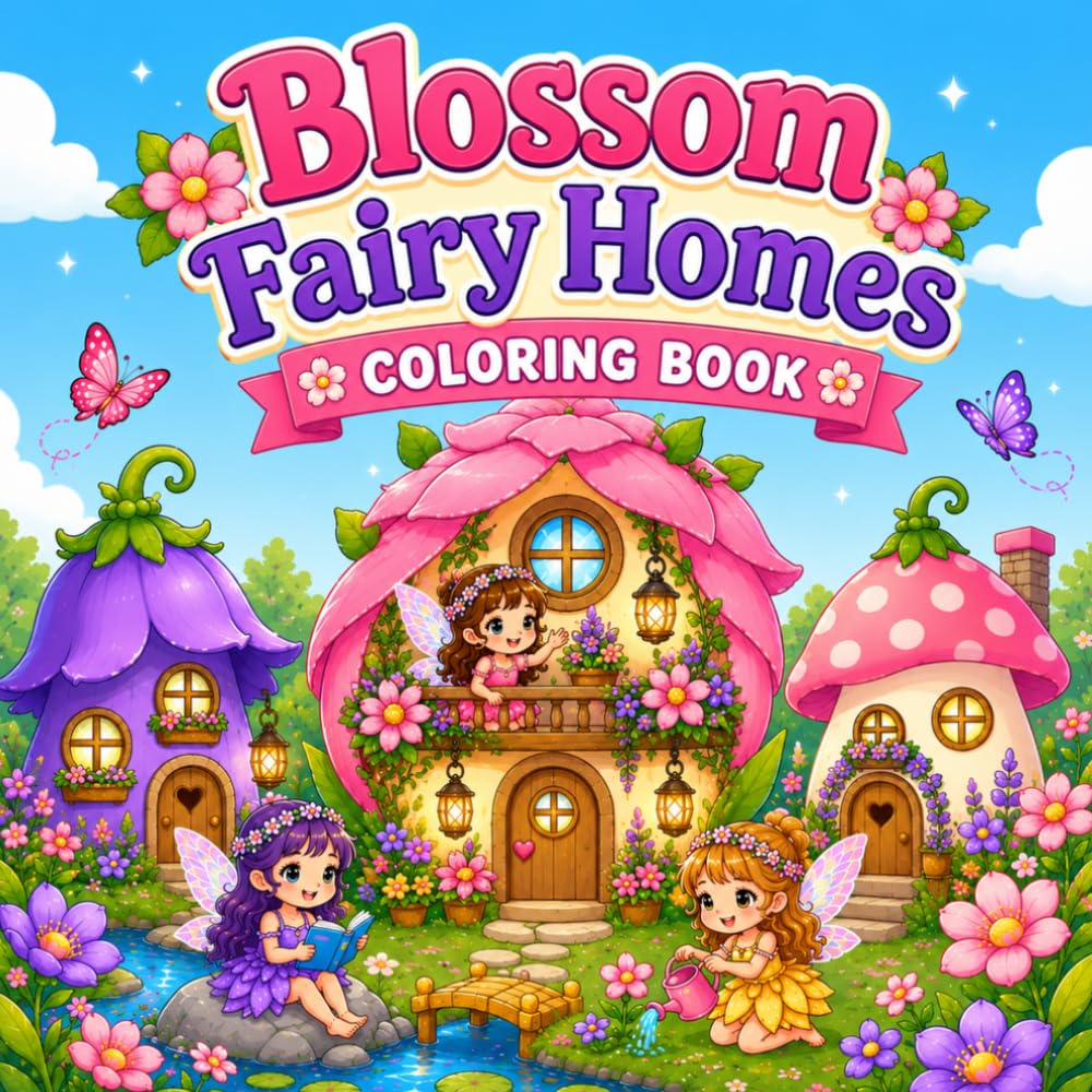 Blossom Fairy Homes Coloring Book: Cute Flower Fairy Houses, Enchanted Garden Cottages, Kawaii Fairy Village Scenes, Magical Mushroom Homes, Whimsical ... Coloring Pages for Relaxation and Creativity
