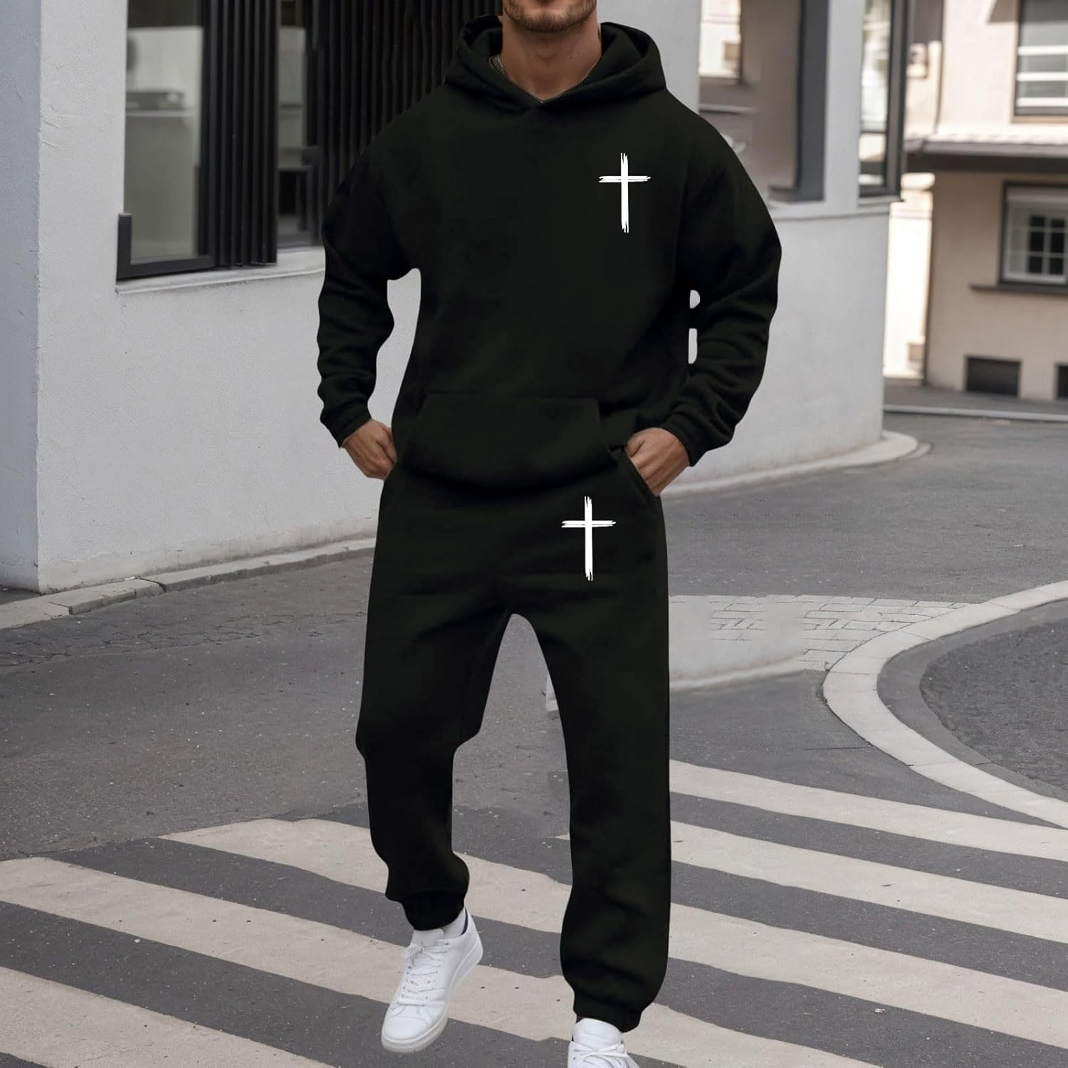 Men's Tracksuit 2 Piece God Loves You Christian Faith Hoodies Sweatshirts and Jogging Sweatsuits Sets Gym Sweat Suits Black M