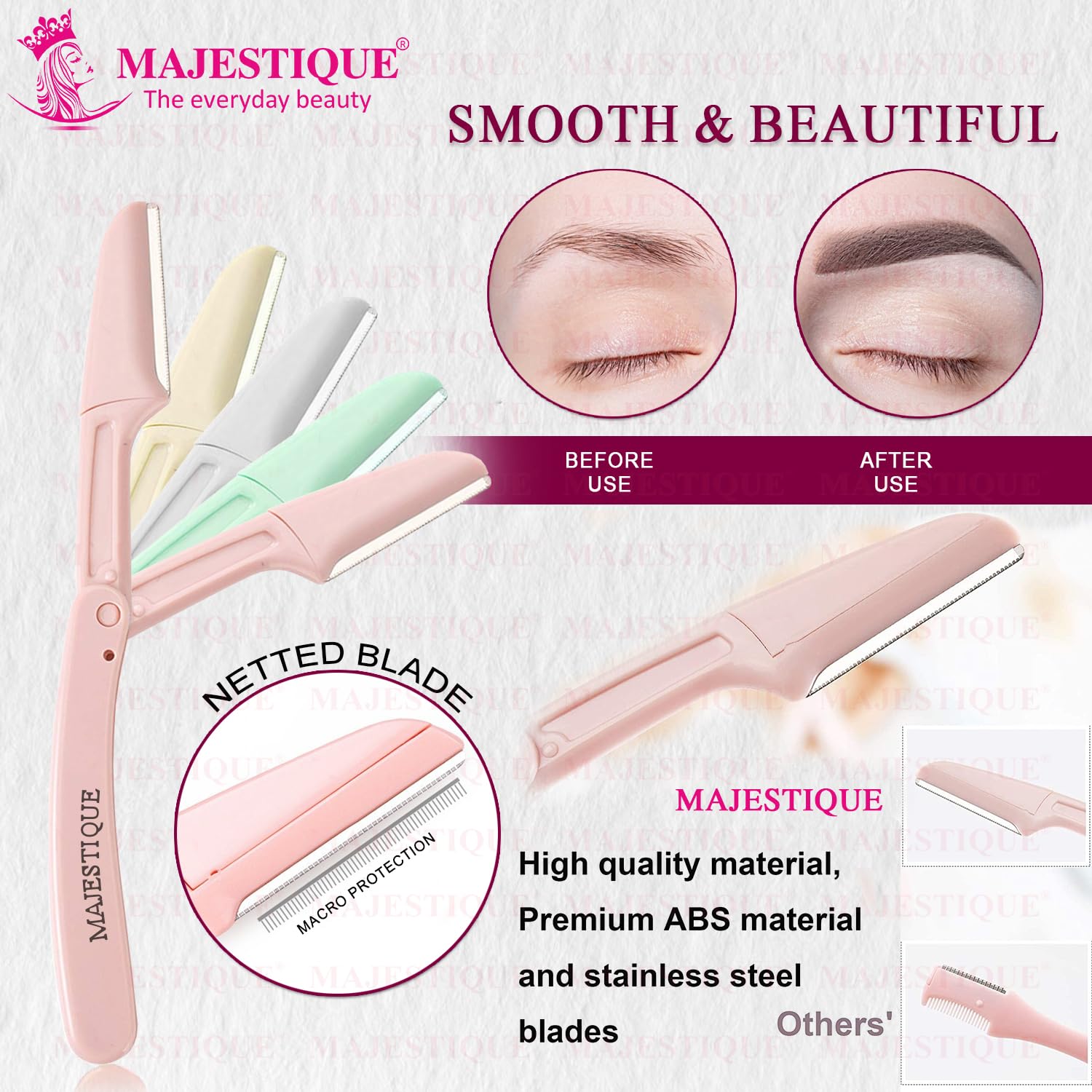 Majestique Foldable & Reusable Facial Hair Razor for Women - 5 Pcs Razor for Face, Eyebrows, Upper Lip, Forehead, Peach Fuzz, Chin and Sideburns, Instant & Painless Hair Removal - Multicolor 1
